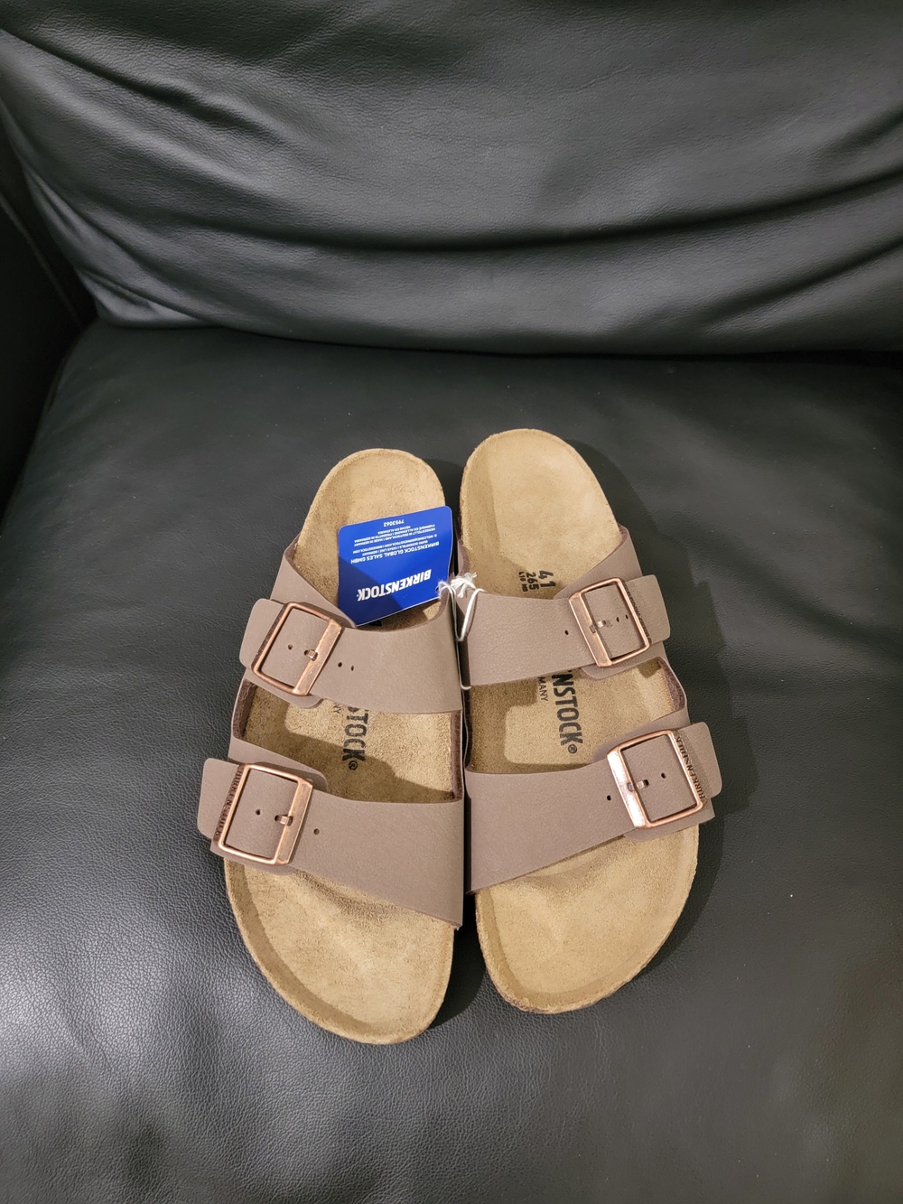 Birkenstock Womens Double-Strap Sandals in Taupe with Rose-Gold Buckles